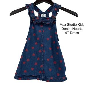 Max‎ Studio Kids Denim Hearts Dress 4T Blue Red Pinafore Jumper Outfit